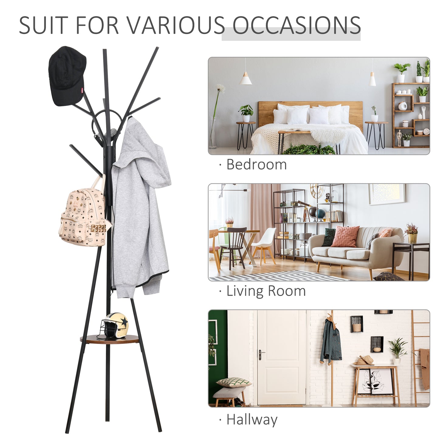 Freestanding Metal Coat Rack Stand 9 Hooks Clothes Tree with 1 Shelf Hat Display Hall Tree Hanger Bag Umbrella Hanging Organiser Brown, HOMCOM, 6