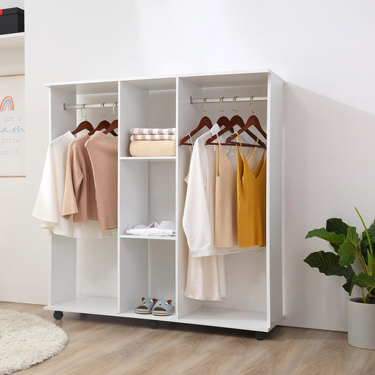 Open Wardrobe Double Mobile Storage Shelves Organizer W/6 Wheels-White, HOMCOM, 2