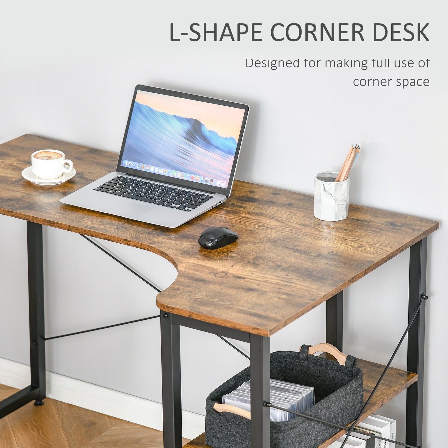 L Shaped Desk, Corner Computer Desk with Bookshelf for Home Office, Study Room, Workstation, 120 x 73.2 x 75cm, Rustic Brown, HOMCOM, 4