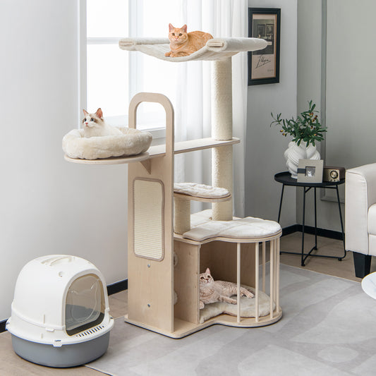 Cat Tree, Cat Tower, Cat Activity Centre, Tall Cat Tree with Hammock Condo and Sisal Scratching Posts, Natural, Costway