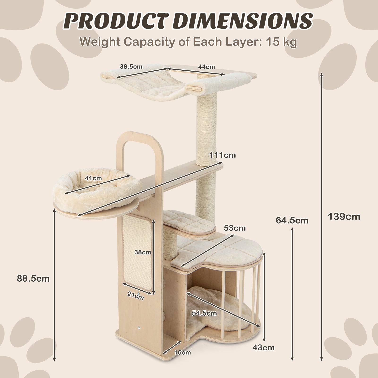 Cat Tree, Cat Tower, Cat Activity Centre, Tall Cat Tree with Hammock Condo and Sisal Scratching Posts, Natural, Costway, 2