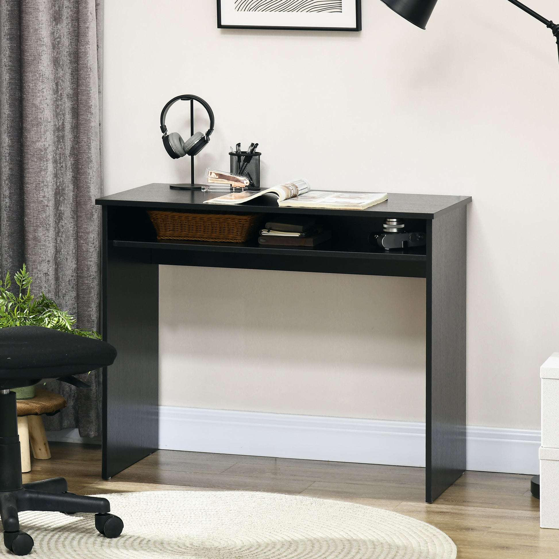 Modern Computer Desk, Home Office Table, Small Writing Desk with Storage Shelf, 90 x 50cm, Black Wood Grain, HOMCOM, 7