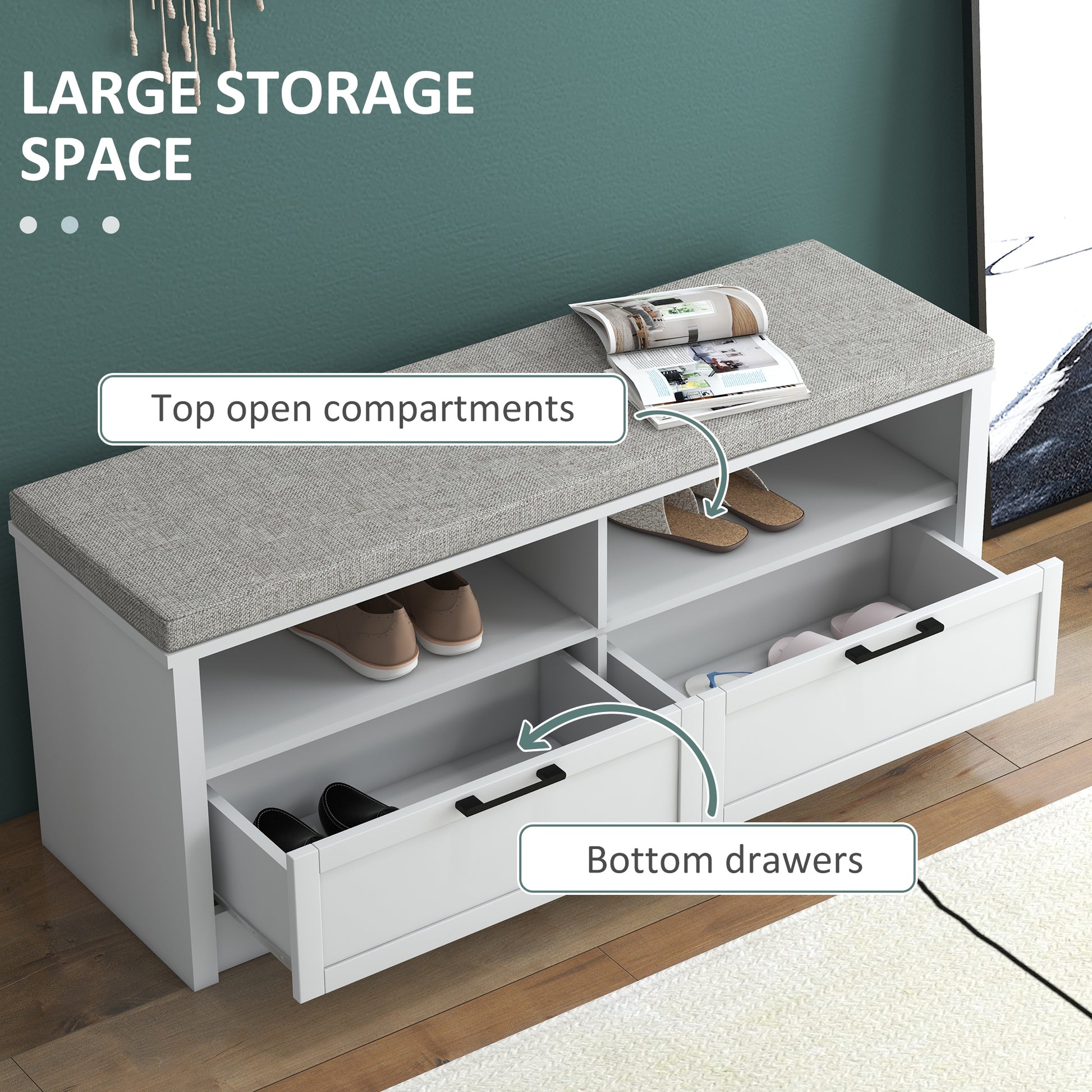 Shoe Bench with Removable Cushion, Shoe Storage Bench with Padded Seat, Open Compartments and Drawers for Entryway Hallway, HOMCOM, 4