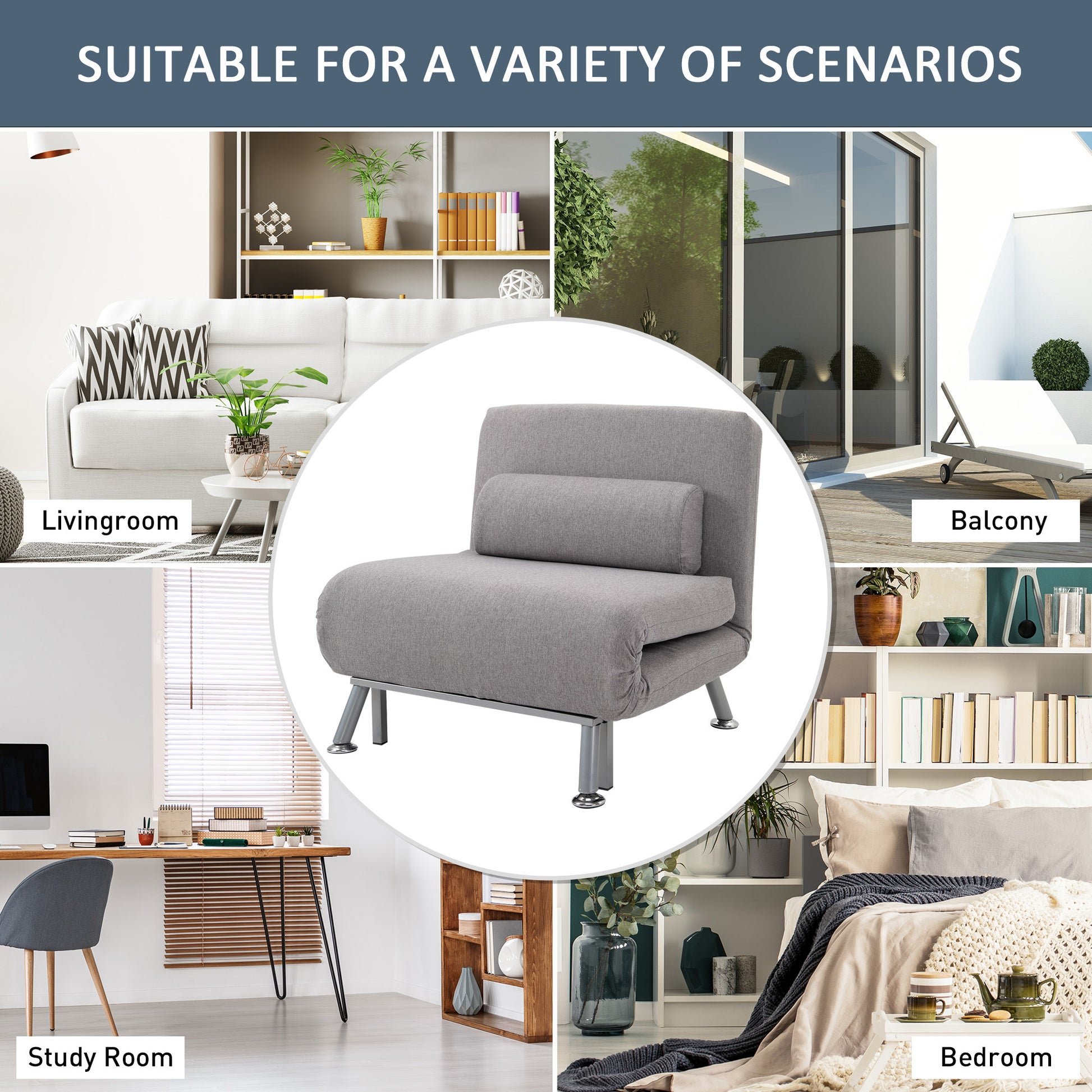 Single Sofa Bed Futon Chair Sleeper, Foldable Portable Lounge Couch, Living Room Furniture, Grey, HOMCOM, 6