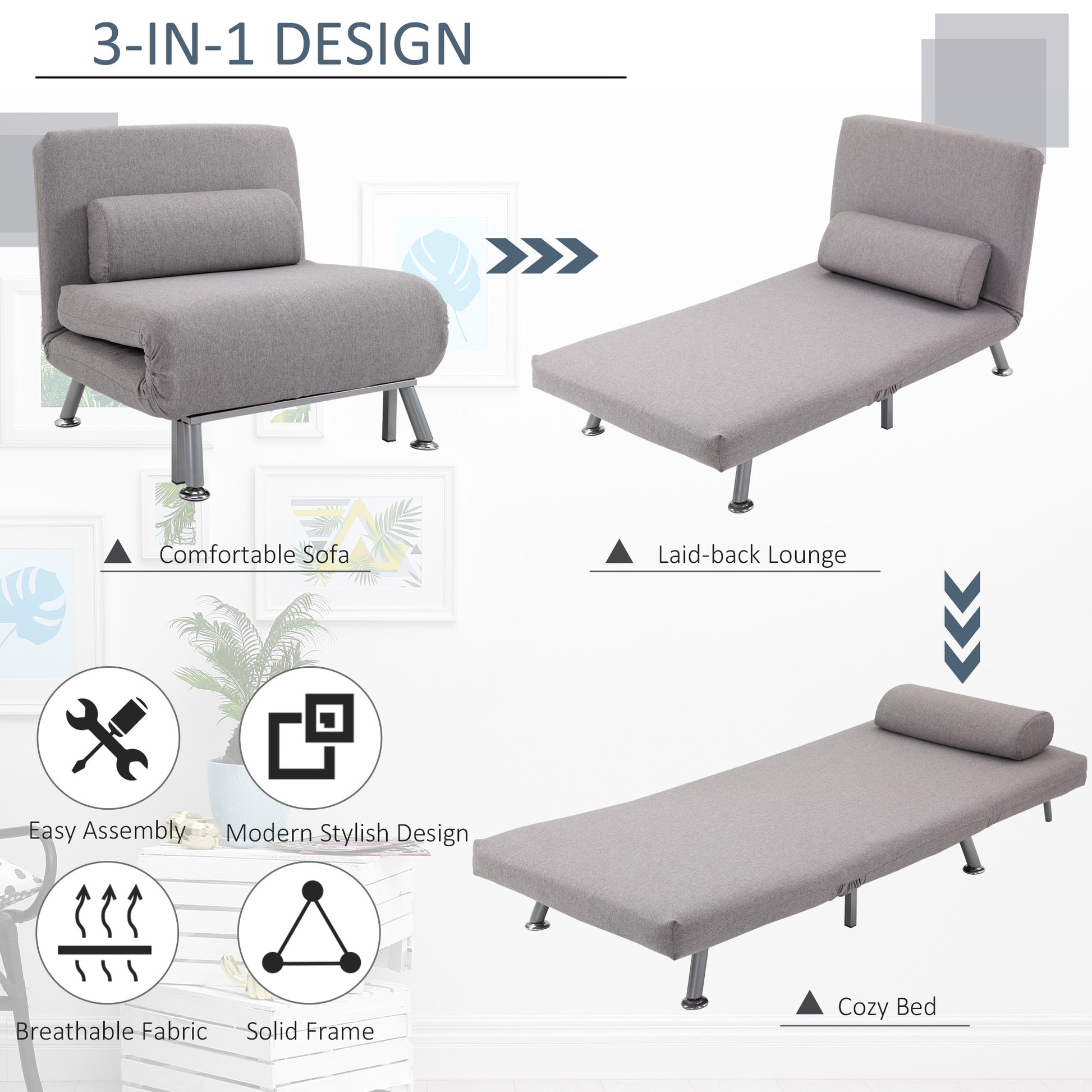 Single Sofa Bed Futon Chair Sleeper, Foldable Portable Lounge Couch, Living Room Furniture, Grey, HOMCOM, 7
