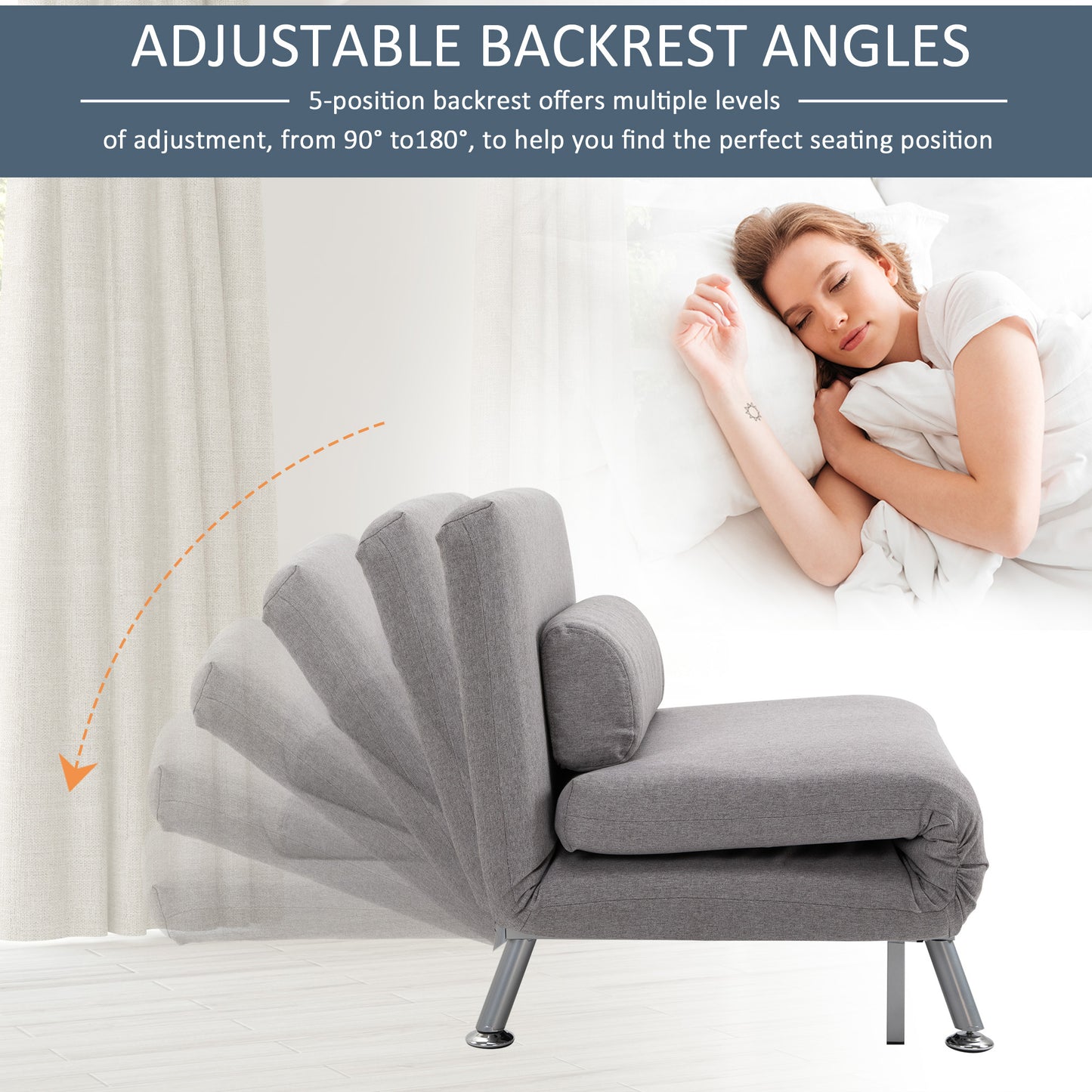 Single Sofa Bed Futon Chair Sleeper, Foldable Portable Lounge Couch, Living Room Furniture, Grey, HOMCOM, 4