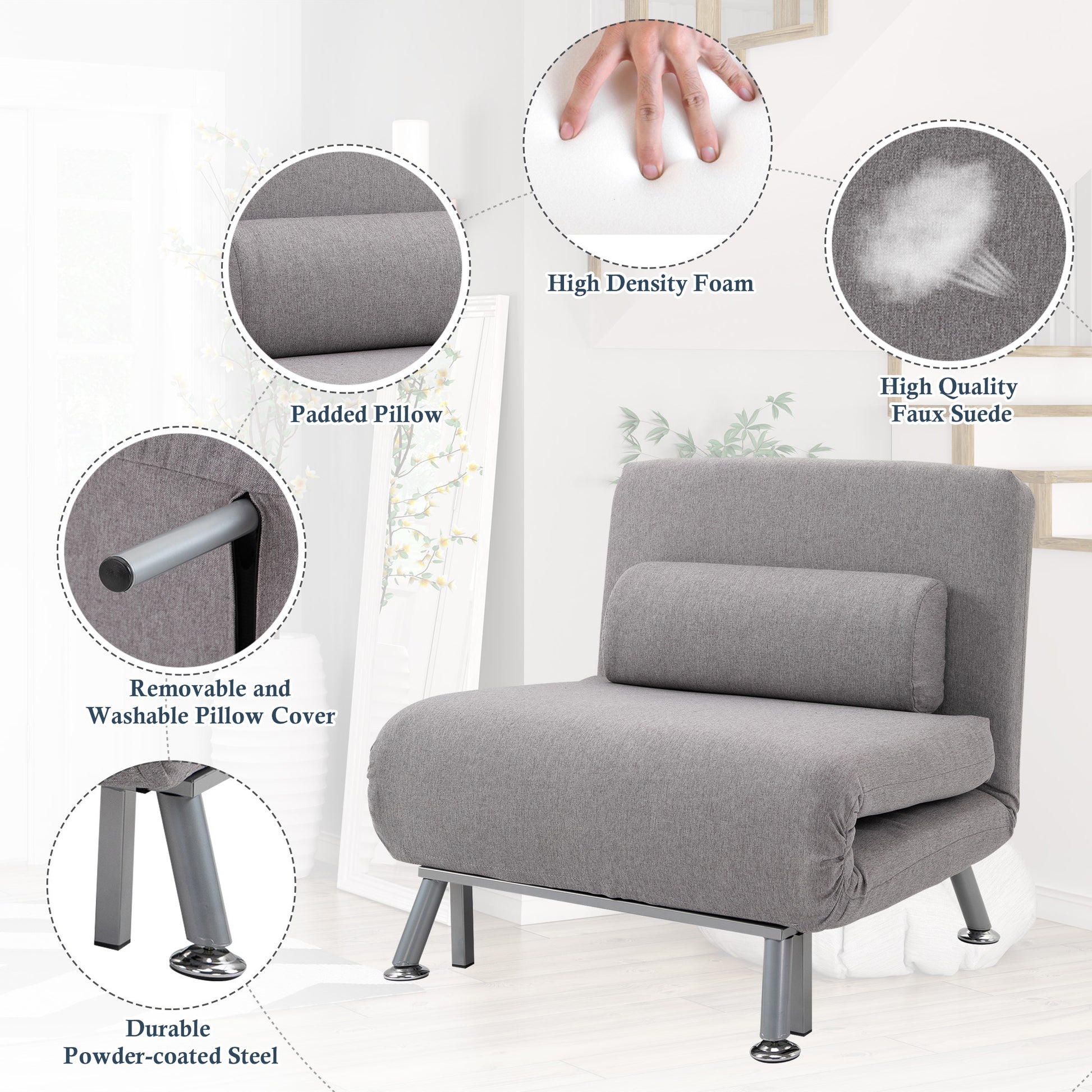 Single Sofa Bed Futon Chair Sleeper, Foldable Portable Lounge Couch, Living Room Furniture, Grey, HOMCOM, 5