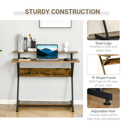 Industrial Computer Desk with Monitor Stand, 100 x 60cm Compact Desk for Small Spaces, Home Office Desk, Rustic Brown, HOMCOM, 5