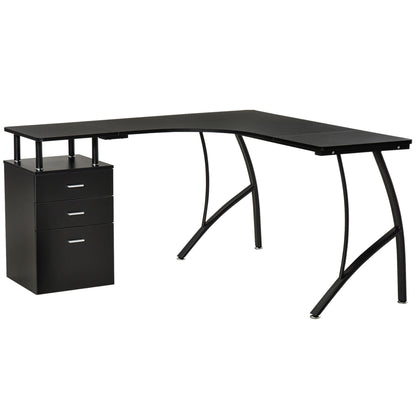 L-Shaped Computer Desk Table with Storage Drawer Home Office Corner Industrial Style Workstation for A4 Files 152 x 143.5 x 76cm, Black, HOMCOM, 1