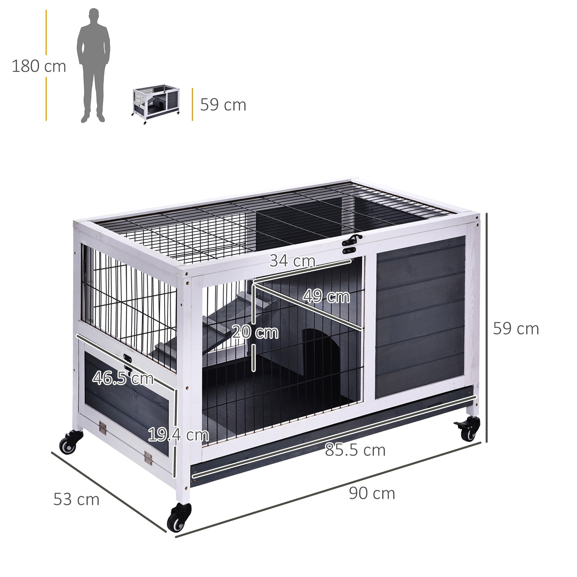 Rabbit Hutch, Rabbit Cage, Guinea Pig Cage, Bunny House Indoor Fir Wood Lift-Top, Grey, Pawhut, 3