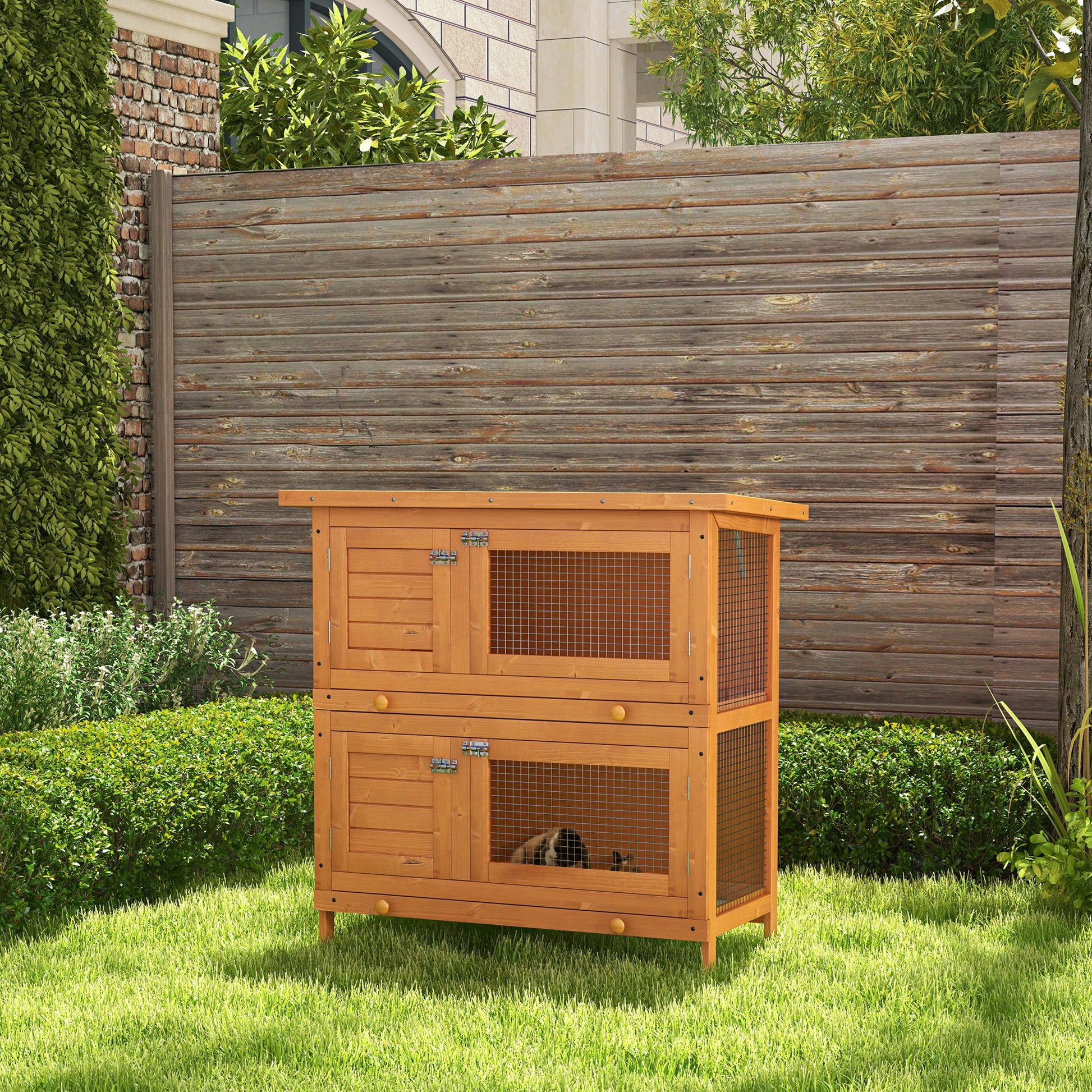Wooden Rabbit Hutch, 2 Tiers Bunny House, Rabbit Cage w/ Slide-Out Tray, Small Animal House, Pawhut, 2