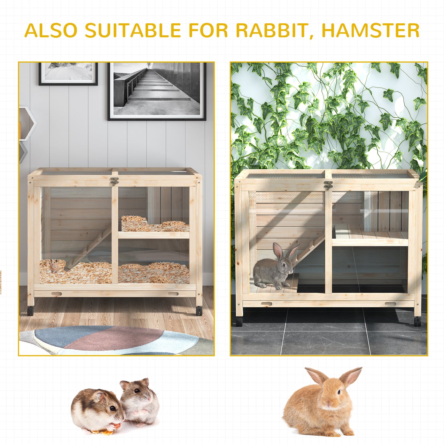 Wooden Rabbit Hutch, Guinea Pigs House, Guinea Pig Cage W/ Pull-out Tray Openable Roof Wheels 91.5 x 53.3 x 73 cm, Pawhut, 7