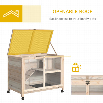 Wooden Rabbit Hutch, Guinea Pigs House, Guinea Pig Cage W/ Pull-out Tray Openable Roof Wheels 91.5 x 53.3 x 73 cm, Pawhut, 5