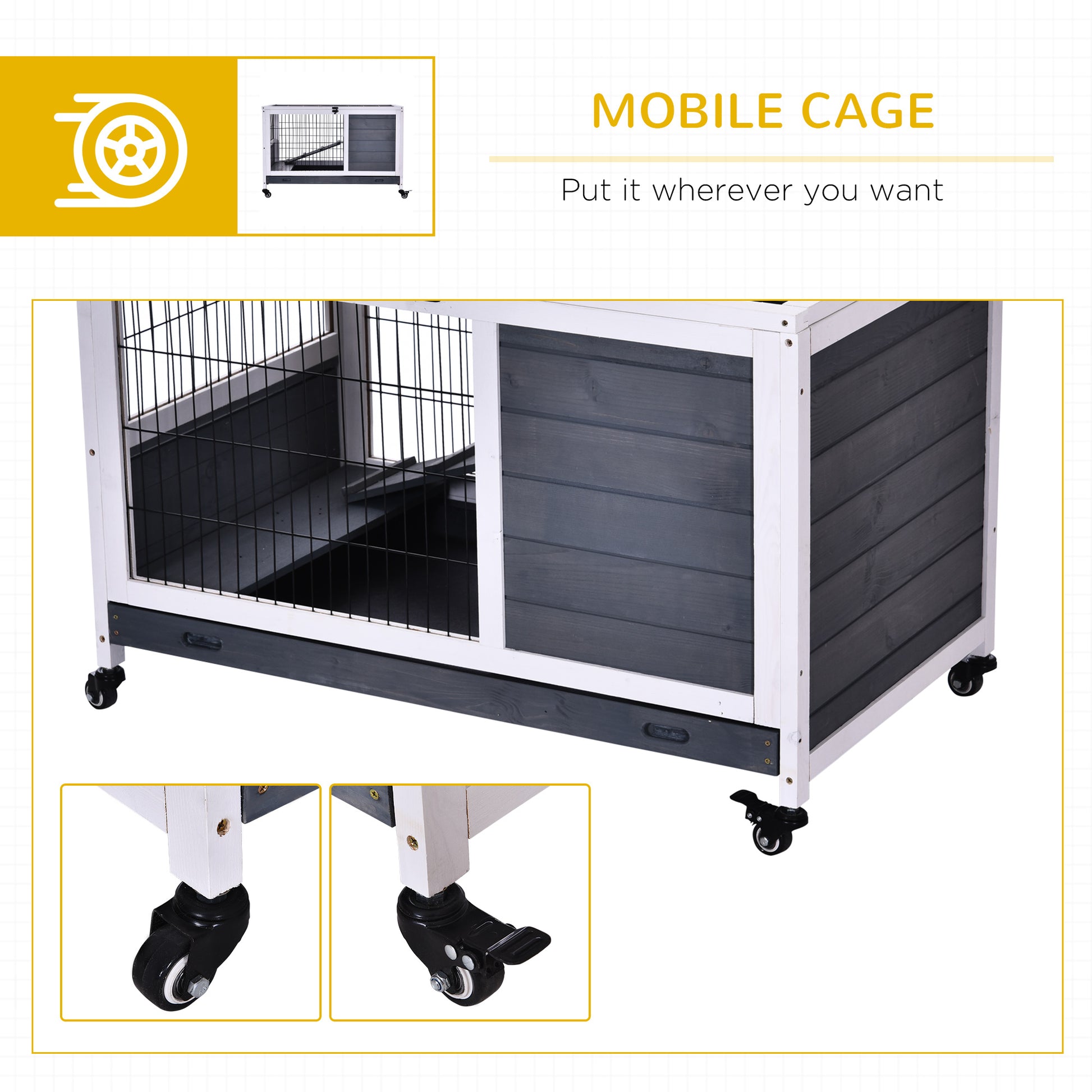 Rabbit Hutch, Rabbit Cage, Guinea Pig Cage, Bunny House Indoor Fir Wood Lift-Top, Grey, Pawhut, 7