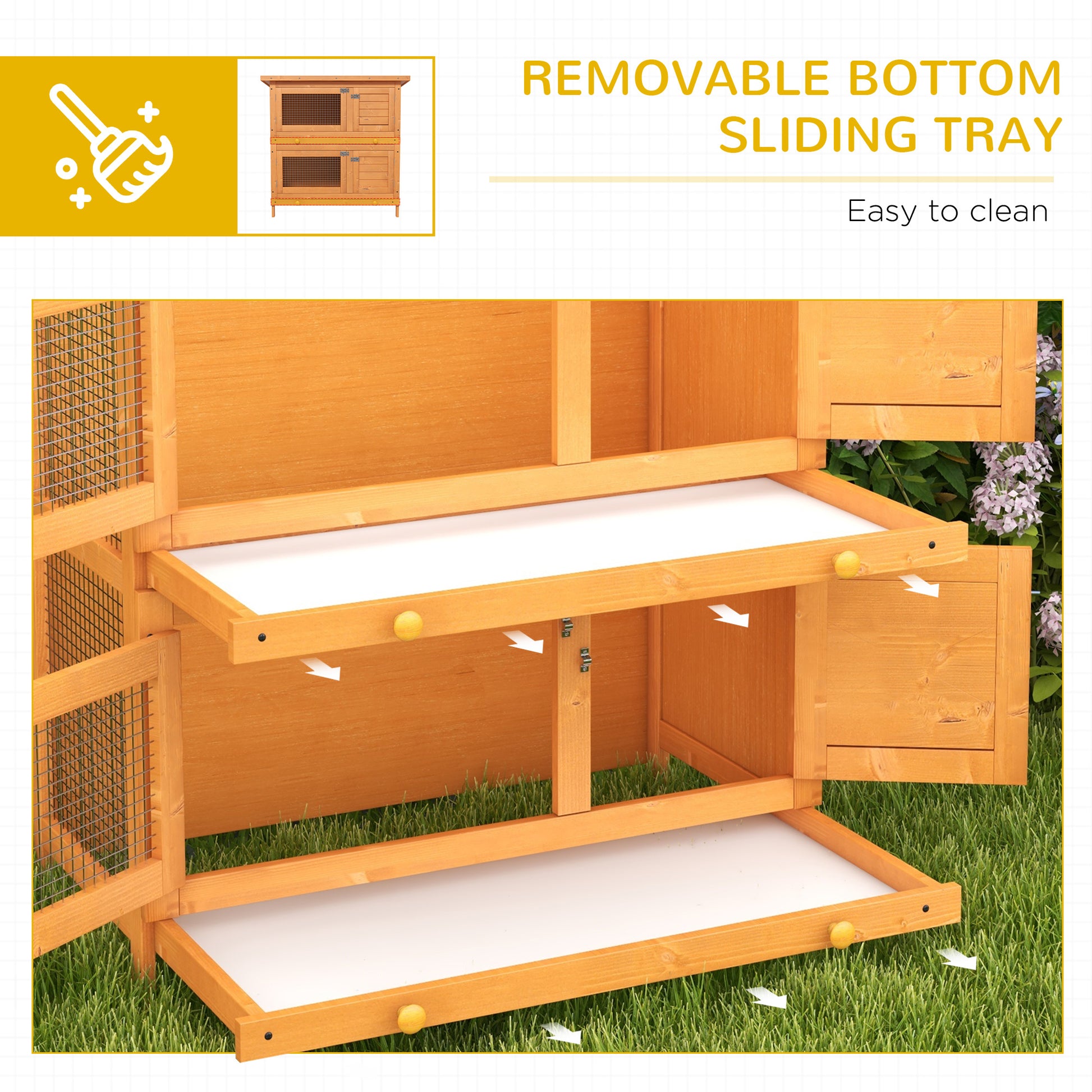 Wooden Rabbit Hutch, 2 Tiers Bunny House, Rabbit Cage w/ Slide-Out Tray, Small Animal House, Pawhut, 4