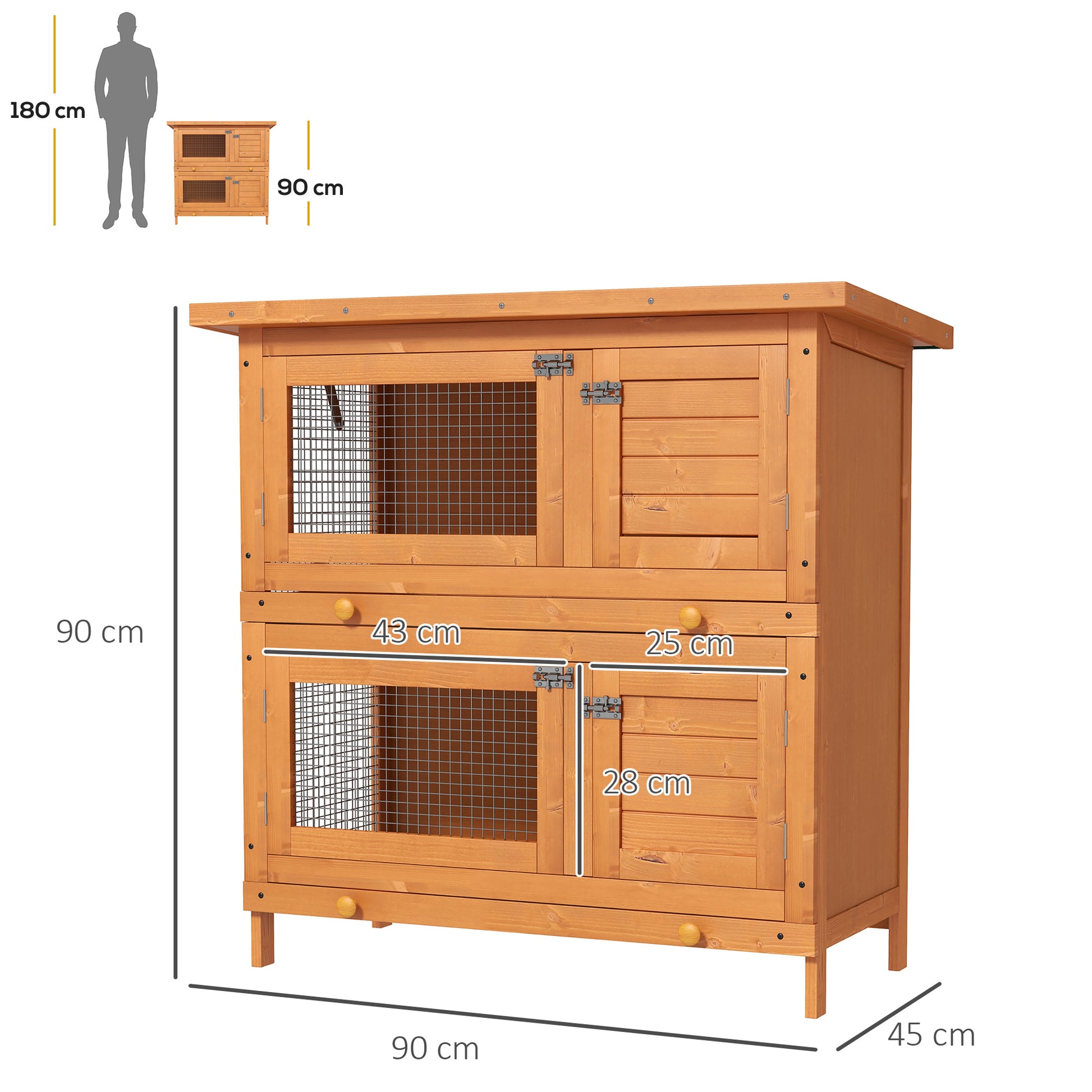 Wooden Rabbit Hutch, 2 Tiers Bunny House, Rabbit Cage w/ Slide-Out Tray, Small Animal House, Pawhut, 3