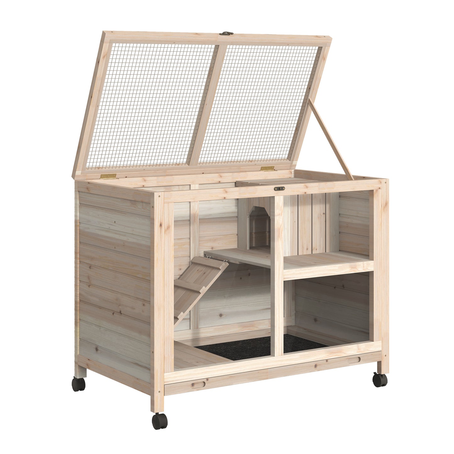 Wooden Rabbit Hutch, Guinea Pigs House, Guinea Pig Cage W/ Pull-out Tray Openable Roof Wheels 91.5 x 53.3 x 73 cm, Pawhut, 9