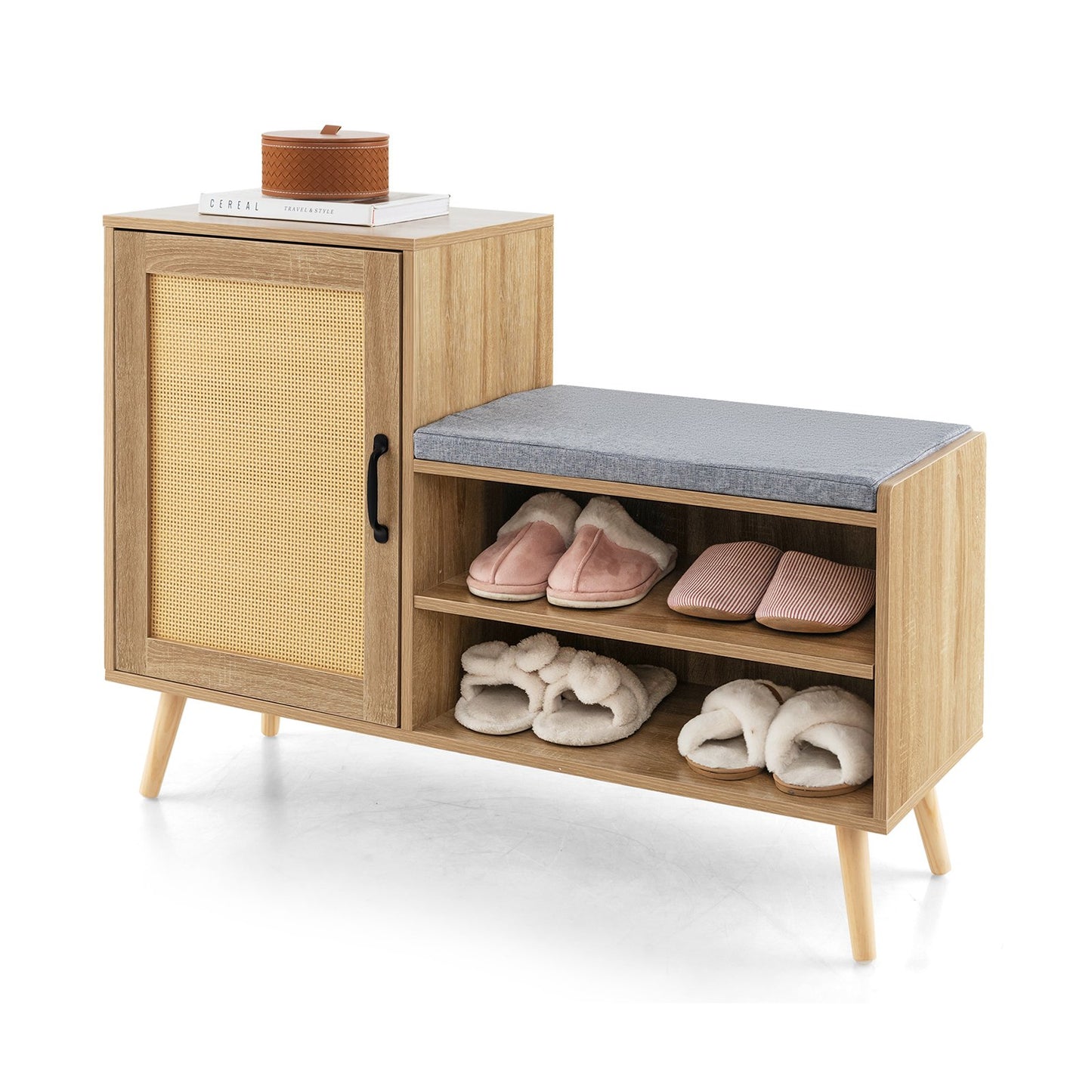 2-in-1 Rattan Shoe Cabinet with Bench and 3 Adjustable Shelves-Natural, Costway, 1