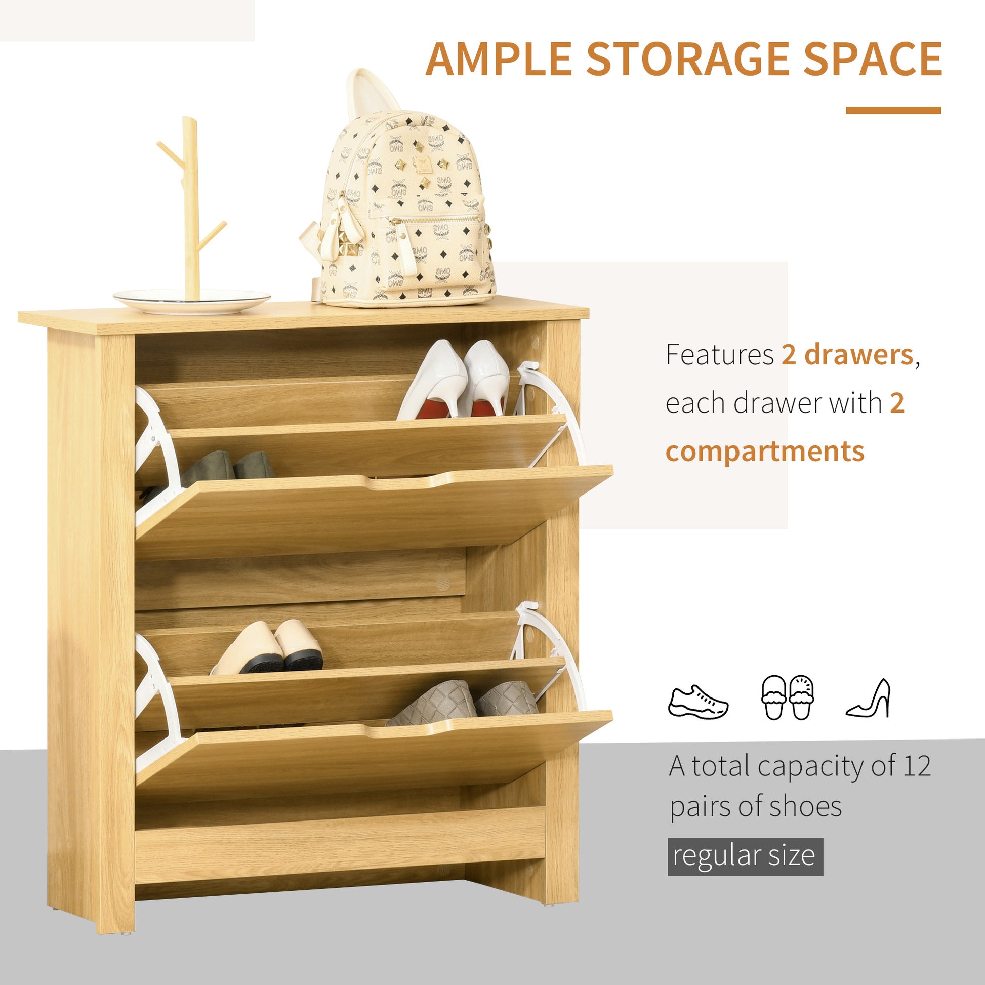 Narrow Shoe Cabinet, Space Saving Shoe Storage Cabinet with 2 Flip Drawers and Adjustable Shelves for 12 Pairs of Shoes for Hallways and Living Room, Natural Wood Finish, HOMCOM, 4