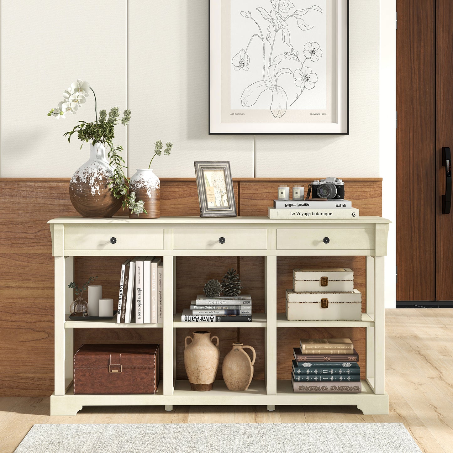 Retro Console Table with 3 Drawers and Open Shelves-White, Costway, 3