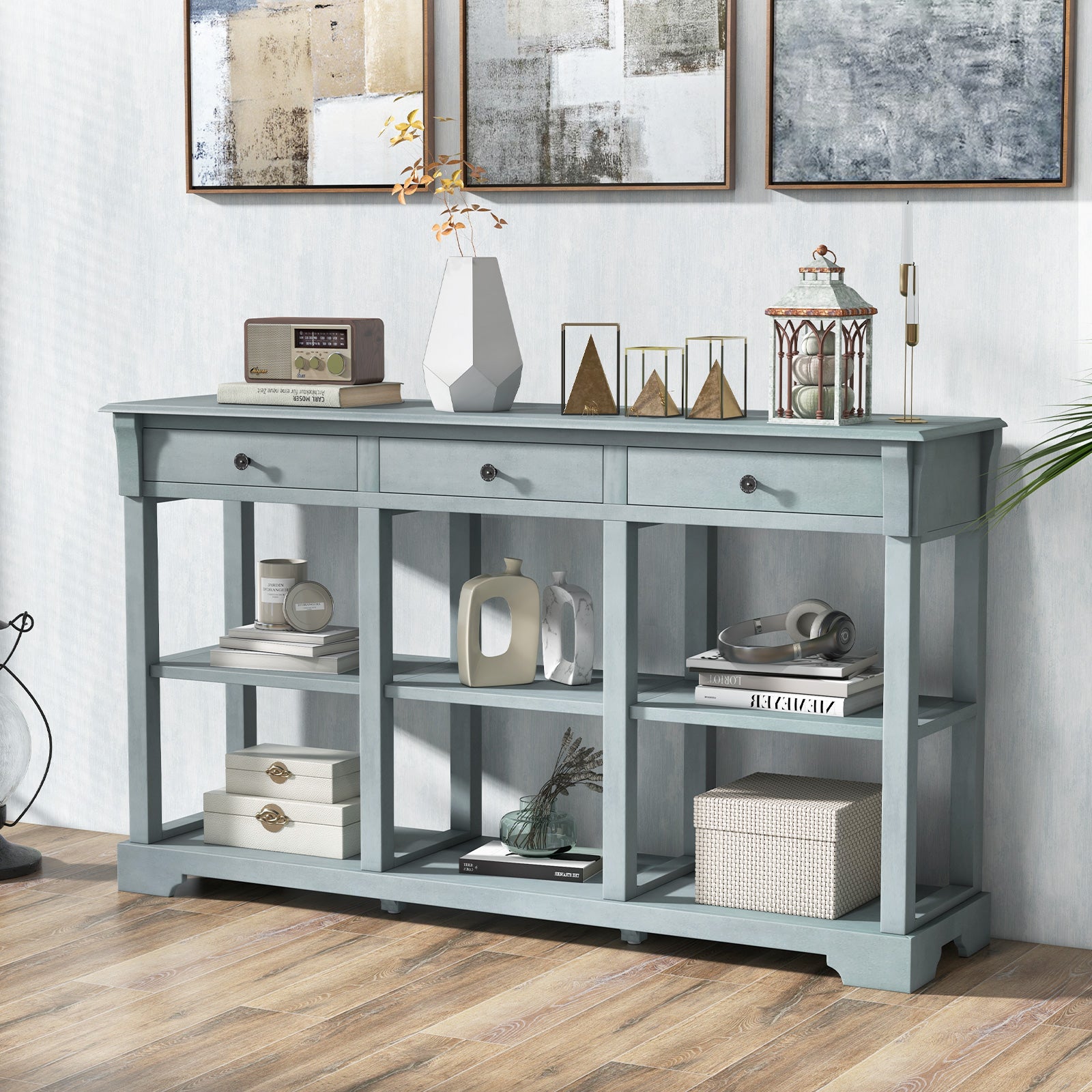 Retro Console Table with 3 Drawers and Open Shelves-Blue, Costway, 3