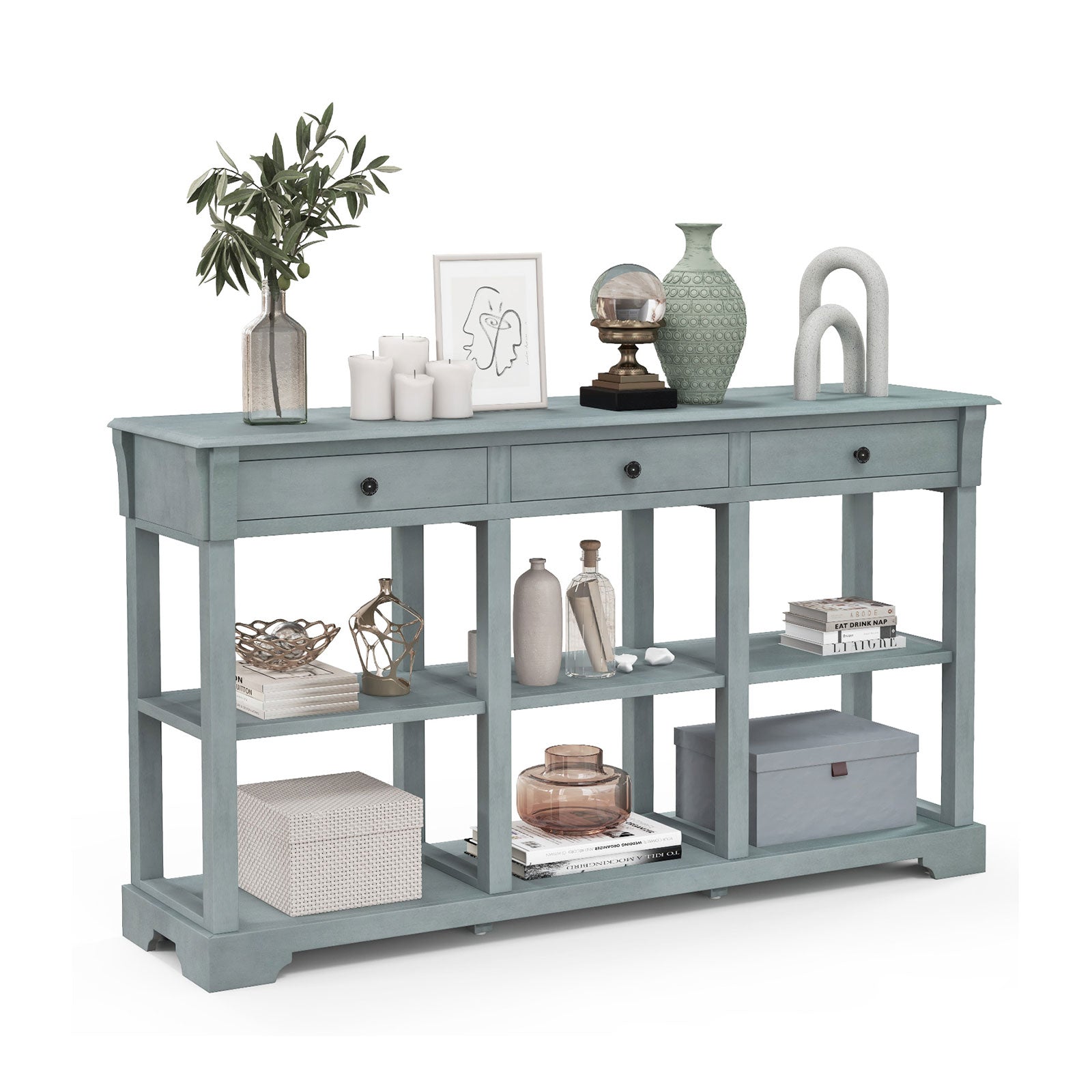 Retro Console Table with 3 Drawers and Open Shelves-Blue, Costway, 4