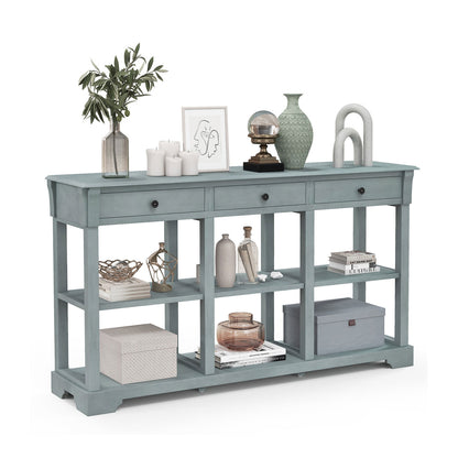 Retro Console Table with 3 Drawers and Open Shelves-Blue, Costway, 4