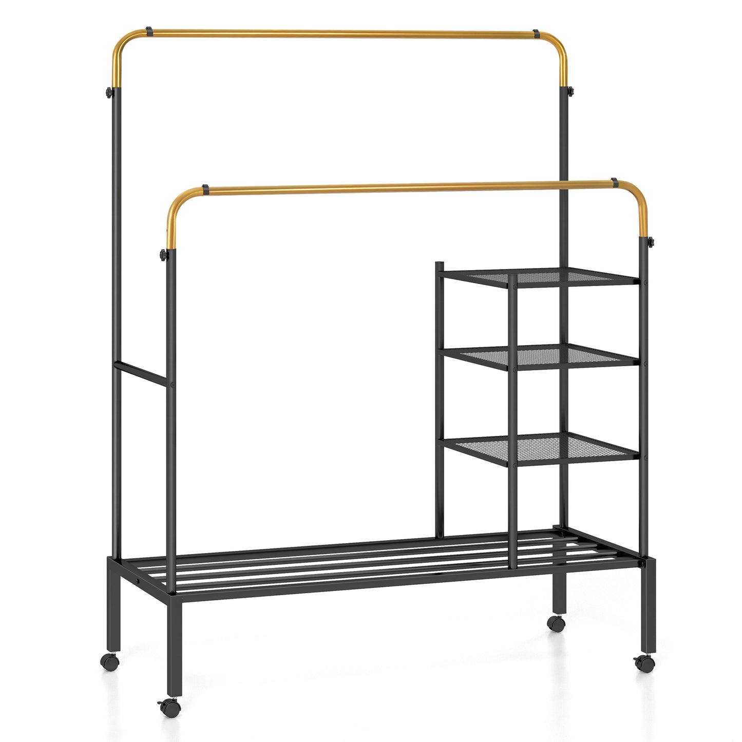 Rolling Clothes Drying Rack with 2 Adjustable Hanging Bars-Black & Gold, Costway, 1