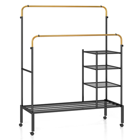 Rolling Clothes Drying Rack with 2 Adjustable Hanging Bars-Black & Gold, Costway, 1