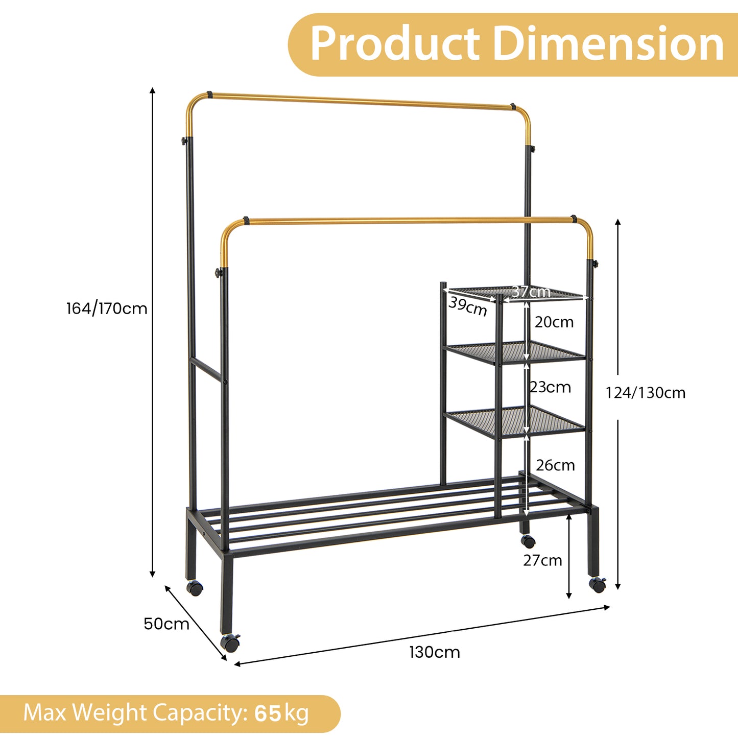 Rolling Clothes Drying Rack with 2 Adjustable Hanging Bars-Black & Gold, Costway, 5