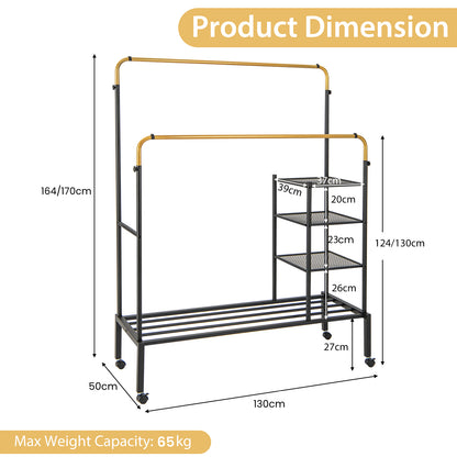 Rolling Clothes Drying Rack with 2 Adjustable Hanging Bars-Black & Gold, Costway, 5