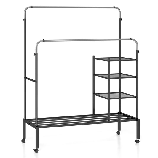 Rolling Clothes Drying Rack with 2 Adjustable Hanging Bars-Black & Silver, Costway, 1