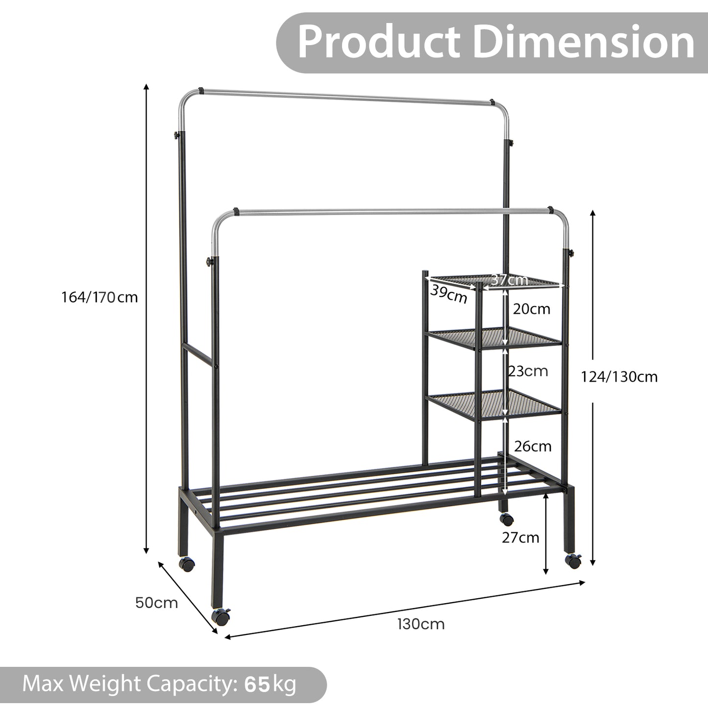 Rolling Clothes Drying Rack with 2 Adjustable Hanging Bars-Black & Silver, Costway, 5