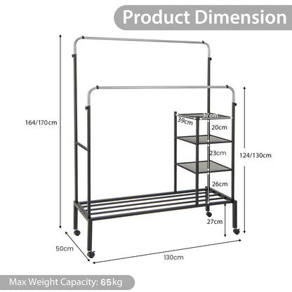 Rolling Clothes Drying Rack with 2 Adjustable Hanging Bars-Black & Silver, Costway, 5