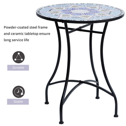 Outdoor Mosaic Round Garden Table, Patio Bistro Coffee Table with 60cm Ceramic Top, Side Table, Blue and White, Outsunny, 4