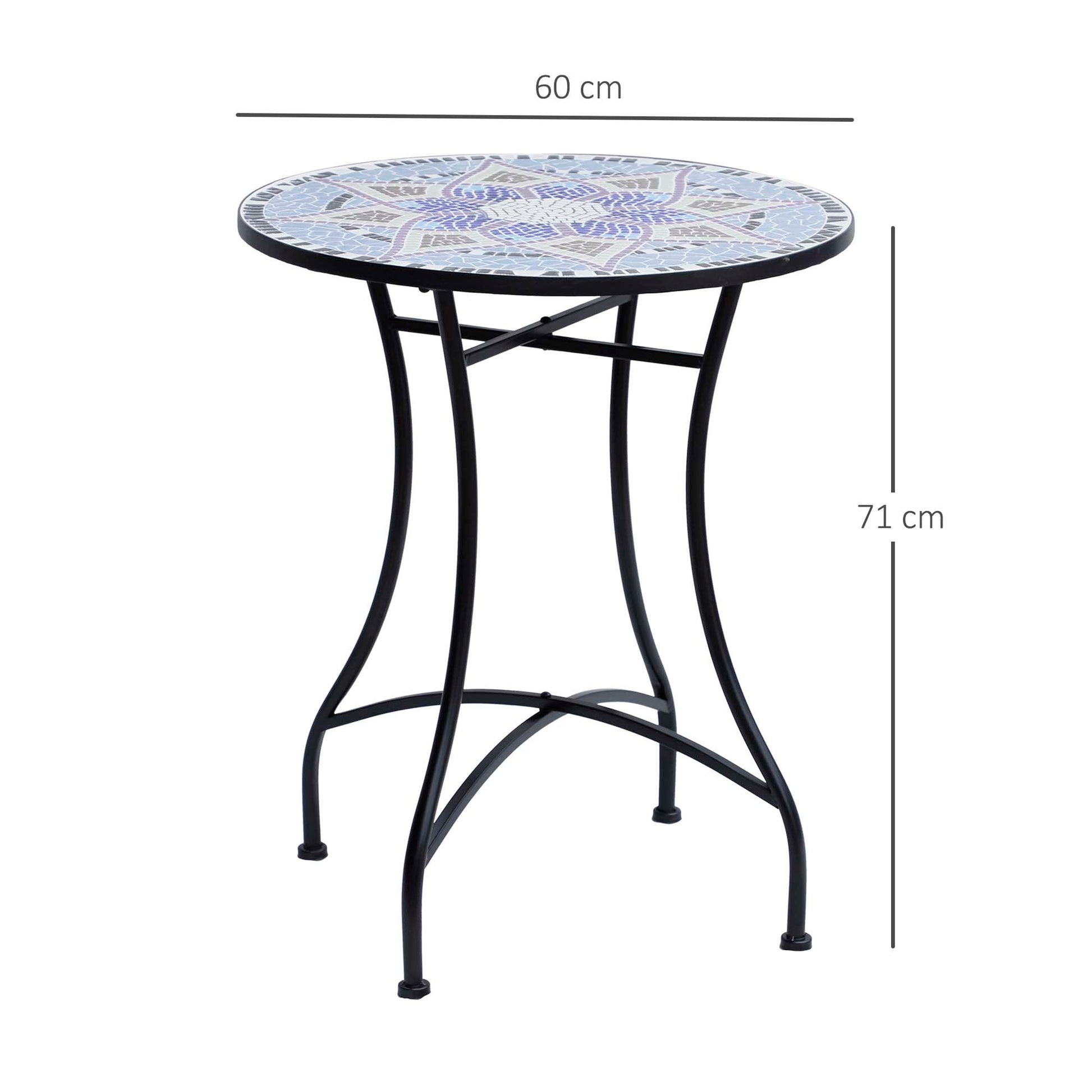 Outdoor Mosaic Round Garden Table, Patio Bistro Coffee Table with 60cm Ceramic Top, Side Table, Blue and White, Outsunny, 3