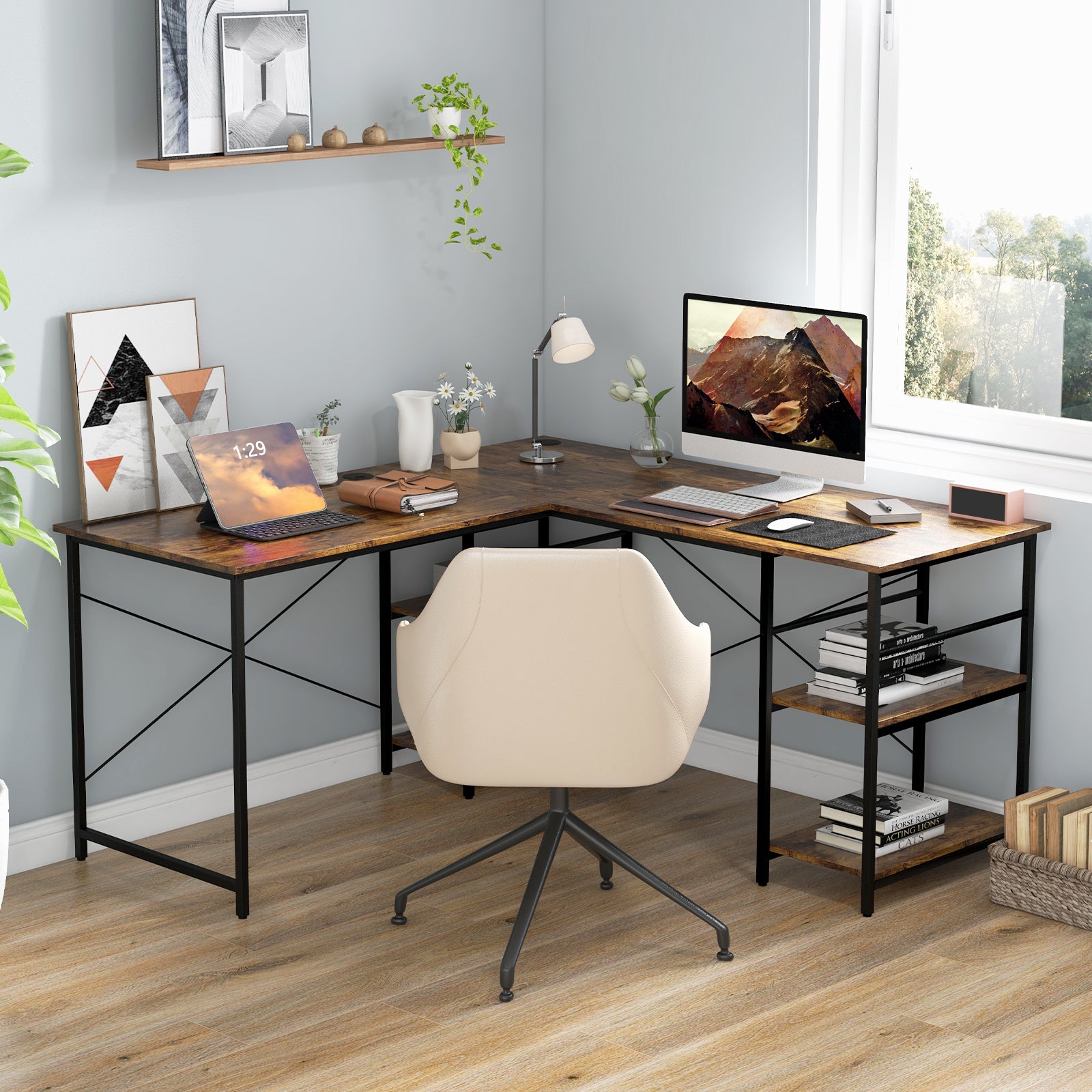 Wooden Industrial L-Shaped Desk with Storage Shelves-Rustic Brown, Costway, 3