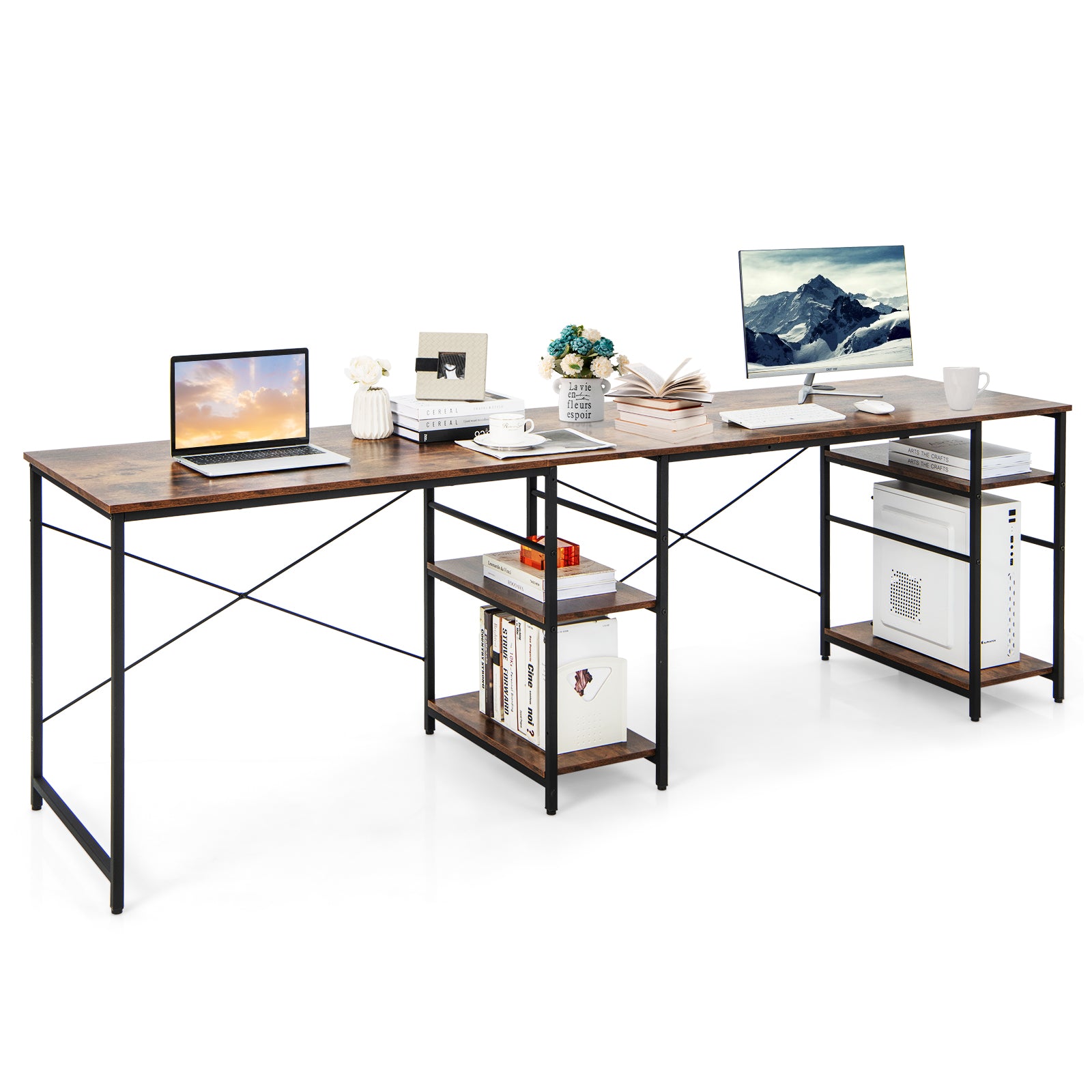 Wooden Industrial L-Shaped Desk with Storage Shelves-Rustic Brown, Costway, 4