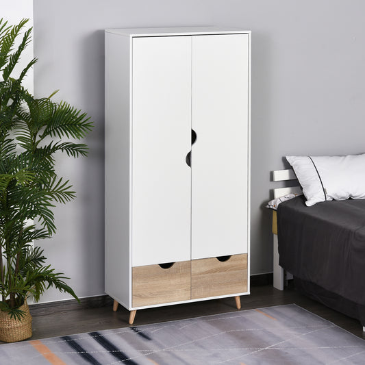 2-Door Clothes Wardrobe w/ Rail Shelf 2 Drawers Wood Feet Elegant Home Storage Organisation Furniture Dresses Coats Blankets Shoes White, HOMCOM, 2