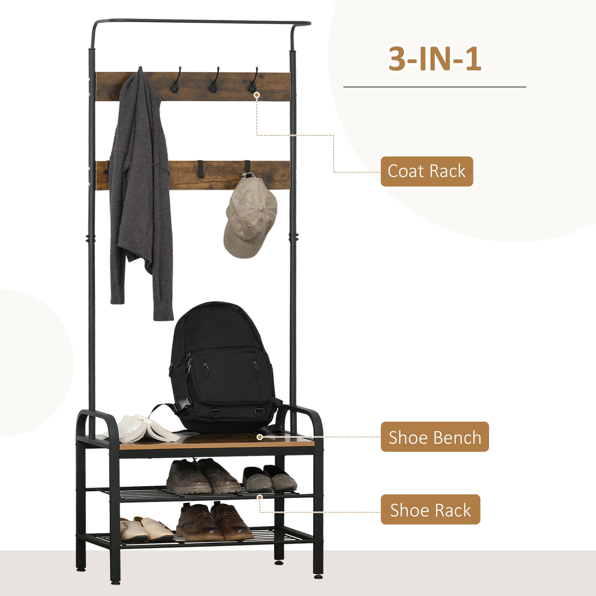 Coat Rack Stand Industrial hallway Shoe Rack Removable Hooks Metal Wood Hangers Storage Cabinet Rustic Brown 72L×34W×185H(cm), HOMCOM, 4