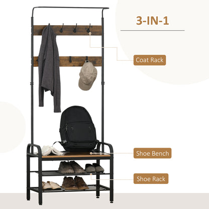 Coat Rack Stand Industrial hallway Shoe Rack Removable Hooks Metal Wood Hangers Storage Cabinet Rustic Brown 72L×34W×185H(cm), HOMCOM, 4