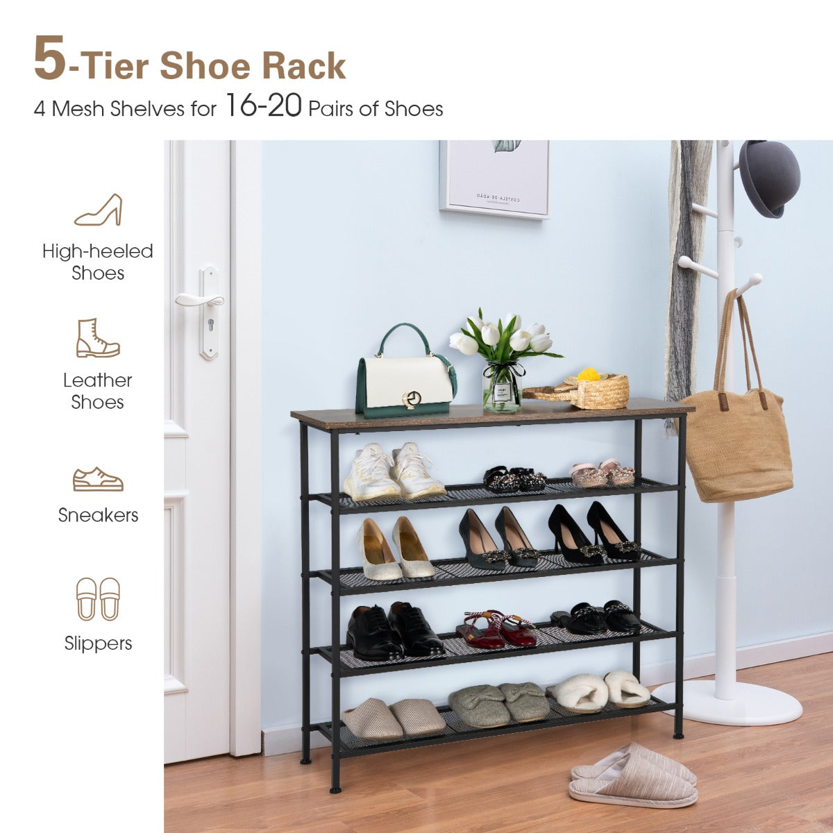 Shoe Rack, 5-Tier, Narrow Shoe Rack, with Metal Mesh Shelves and Wooden Top-Brown, Costway, 3