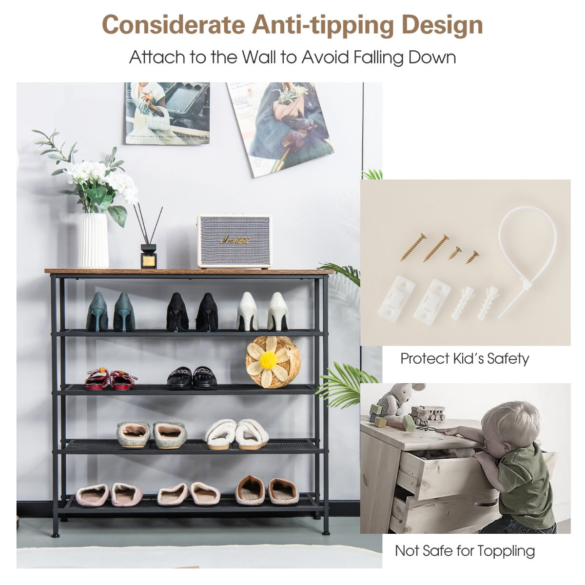 Shoe Rack, 5-Tier, Narrow Shoe Rack, with Metal Mesh Shelves and Wooden Top-Brown, Costway, 5