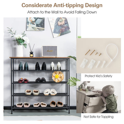 Shoe Rack, 5-Tier, Narrow Shoe Rack, with Metal Mesh Shelves and Wooden Top-Brown, Costway, 5