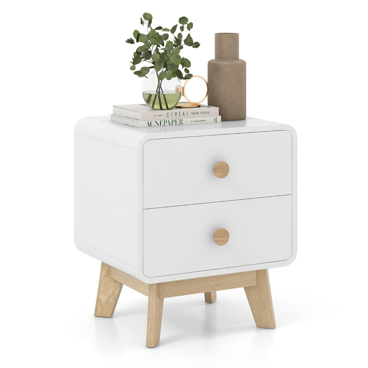 Home Modern Style 2-Drawer Bedside Sofa Side Table with Solid Rubber Wood Legs, End Table, White, Costway, 4