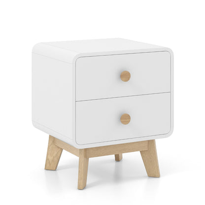 Home Modern Style 2-Drawer Bedside Sofa Side Table with Solid Rubber Wood Legs, End Table, White, Costway, 3