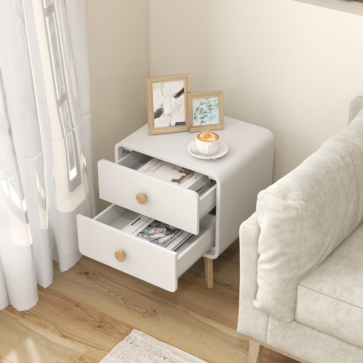 Home Modern Style 2-Drawer Bedside Sofa Side Table with Solid Rubber Wood Legs, End Table, White, Costway, 1