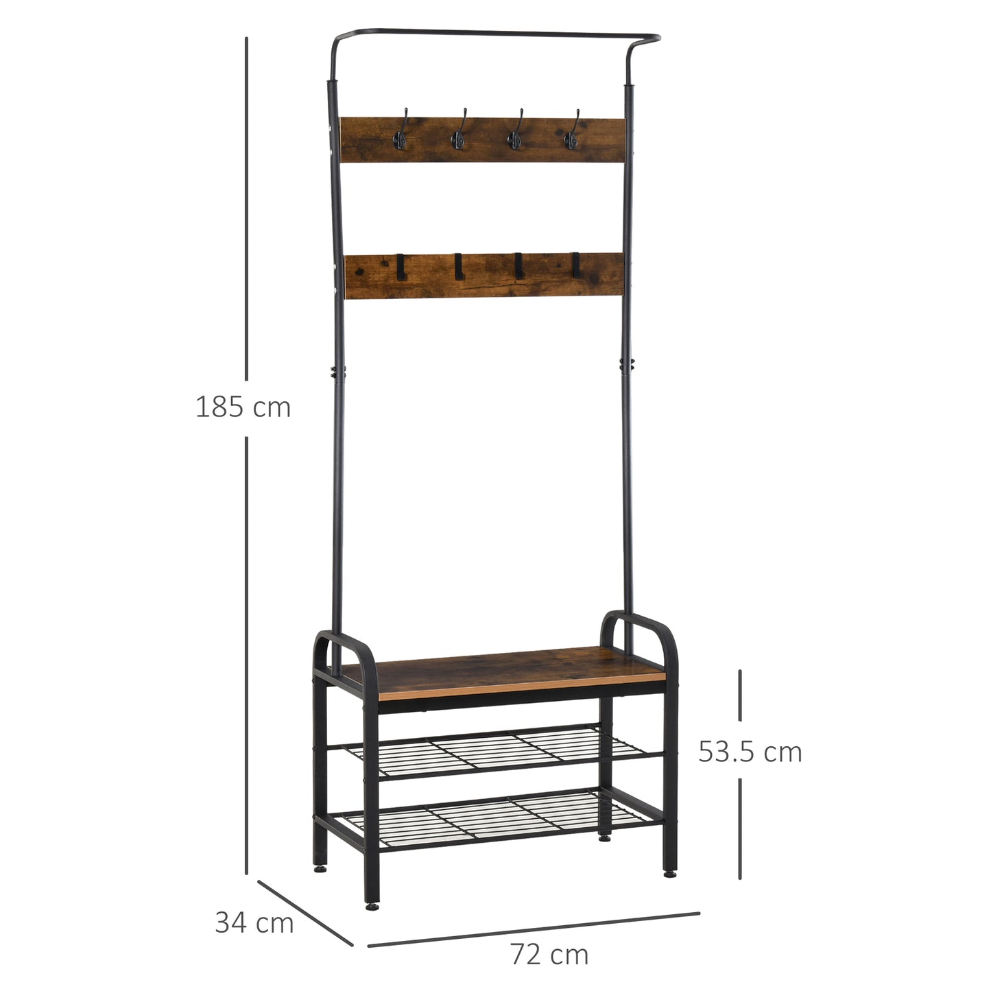 Coat Rack Stand Industrial hallway Shoe Rack Removable Hooks Metal Wood Hangers Storage Cabinet Rustic Brown 72L×34W×185H(cm), HOMCOM, 3