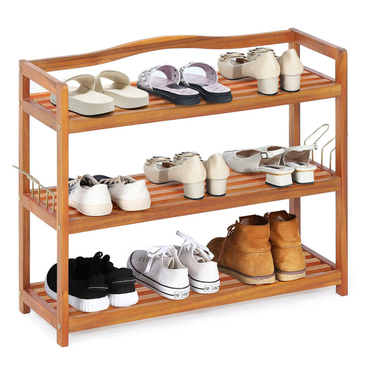 Solid Acacia Wood Shoe Rack Shelf with Side Metal Hooks-3-Tier, Costway, 4