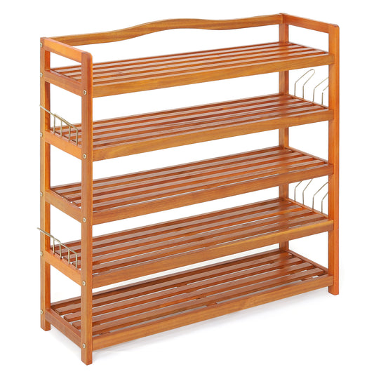 Solid Acacia Wood Shoe Rack Shelf with Side Metal Hooks-5-Tier, Costway, 1